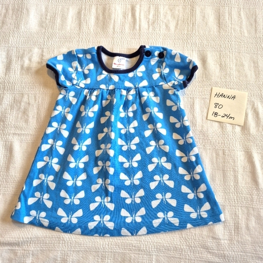 Hanna Andersson girls size 80 or 18-24 months blue dress white butterfly EUC